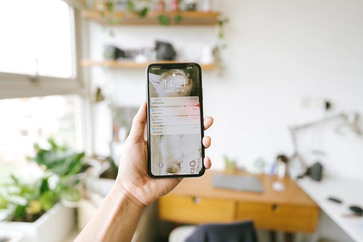 Kathrin Ipse - Expertin für Stressregulation, Nervensystem-Balance und professionelle Hypnose - Eine Person hält ein schwarzes iPhone in der Hand, auf dem der Sperrbildschirm mit mehreren Benachrichtigungen und der Uhrzeit 14:21 angezeigt wird. Im Hintergrund ist eine helle Innenraumszene mit Pflanzen und Holzmöbeln zu sehen.